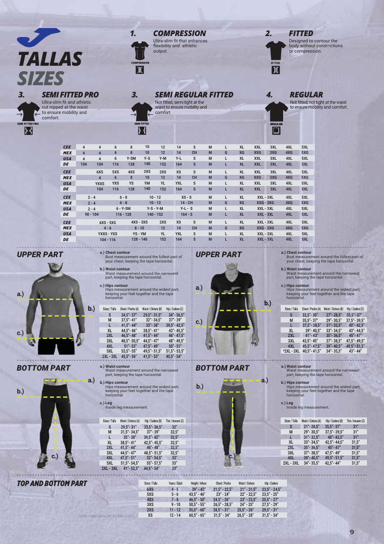 Garment Sizes (Joma Range)